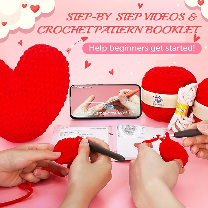 Crochetta Crochet Kit for Beginners, Crochet Kit w Step-by-Step Video Tutorials, Crochet Starter Kit Learn to Crochet Kits for Adults Kids Beginners, Heart Crochet Kit-CubbioJoy