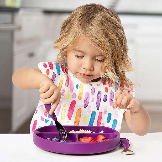 Bumkins Toddler Utensils, Kids Size Fork and Spoon Set, Silicone and Stainless-Steel Training Silverware, Angled Forks / Sporks for Self-Feeding, Children Hold Learning to Eat, 18 Months Up, Purple-CubbioJoy