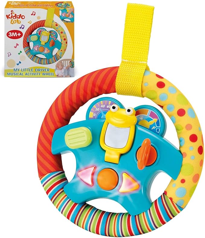 KiddoLab Steering Wheel Toy with Music,Lights,Sounds & Flip Up Mirror - Crib & Stroller Toys with Soft Fabric and Velcro Tap for Easy Attachment. Car Seat Toys for Babies and Toddlers. Ages 3 Months+-CubbioJoy