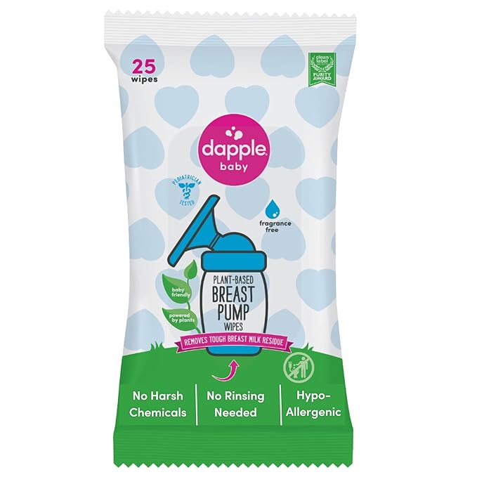 Breast Pump Wipes by Dapple Baby, Hypoallergenic & Powered by Plants, Removes Milk Residue, Leaves No Taste, Convenient Wipes Pouch, Fragrance Free, 25 Count (Pack of 1)-CubbioJoy