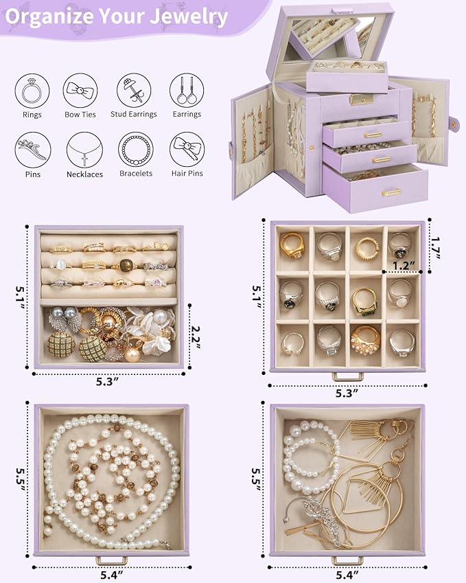 AKOZLIN 4-Tier Jewelry Box Leather Jewelry Storage Organizer with 3 Drawers Lockable for Women Girls Ring Necklace Earring Bracelet Holder with Mirror Purple-CubbioJoy