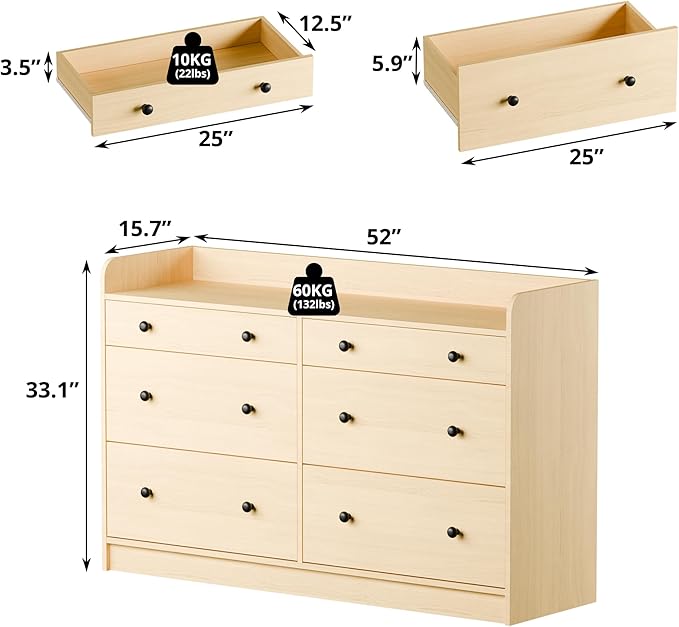 Cozy Castle Baby Dresser with 6 Drawers and Large Table Top, Multi-Functional Chest of Drawer, Drawer Dresser with Three-Sided High Rails for Nursery, Children's Room, Bedroom, Oak-CubbioJoy