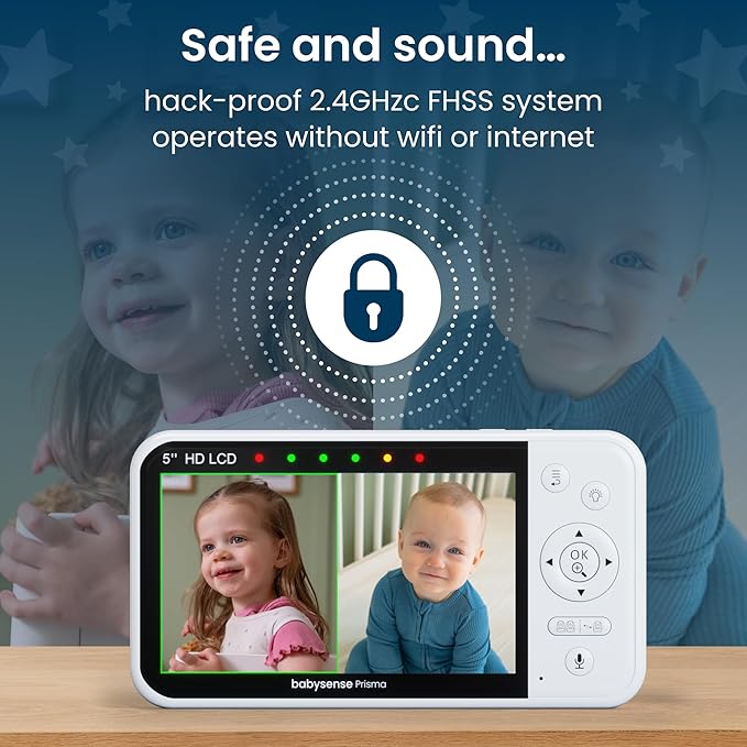 Babysense Prisma Baby Monitor with Camera and Audio, 5” HD Video Baby Monitor, 6-Color Night Light, Split Screen, Baby Sound Machine with White Noise & Lullabies, Secure No WiFi-CubbioJoy