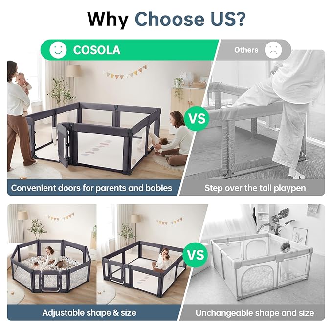 Baby Playpen,Large Play Pen for Babies and Toddlers with Door 79x71 Inch, Adjustable Playpen Non-Slip Suction Cups Base Safe and Sturdy, Indoor Outdoor Playard,Black-CubbioJoy