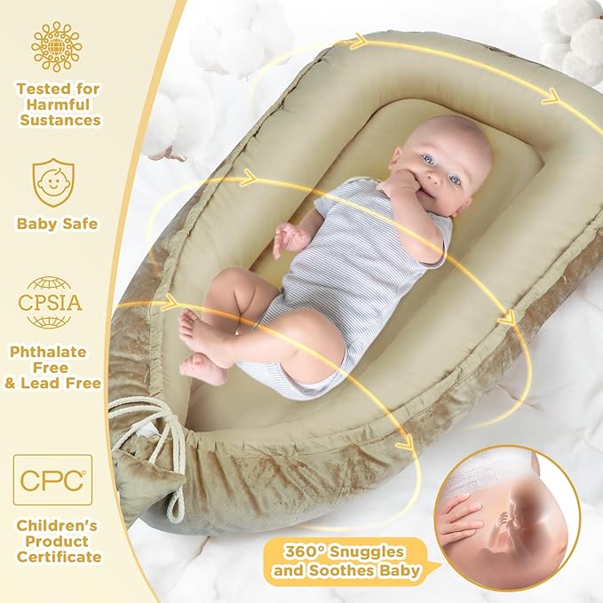 Baby Lounger - Baby Lounger for Newborn 0-24 Months, Breathable & Soft Cotton and Velvet Cover Baby Nest, Portable Tummy Time Lounger for Home and Travel, Ideal Baby Essentials & Shower Gifts-CubbioJoy