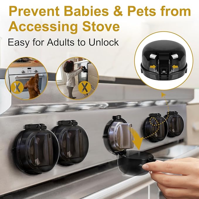 5-Pack Stove Knob Covers for Child Safety - Universal Size Gas Stove Knob Covers with Adhesive, Heat-Resistant Baby Proof Stove Knob Covers, Dual-Key Oven Knob Covers for Child Safety and Pet (Black)-CubbioJoy