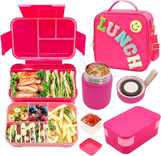 Bento Lunch Box Set for Kids with 10oz Thermo Food Jar, Leak-Proof Lunch Containers with 6 Compartment, Nylon Preppy Lunch Bag with Adjustable Strap for Girls School Travel Picnic-CubbioJoy