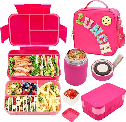 Bento Lunch Box Set for Kids with 10oz Thermo Food Jar, Leak-Proof Lunch Containers with 6 Compartment, Nylon Preppy Lunch Bag with Adjustable Strap for Girls School Travel Picnic-CubbioJoy