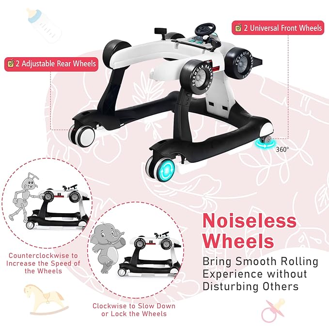 BABY JOY 4-in-1 Baby Walker, Foldable Activity Walker with Adjustable Height & Speed, Music, Lights, Anti-Rollover, Toddler Push Walker, Baby Walker with Wheels for Boys Girls 6-18 Months (White)-CubbioJoy