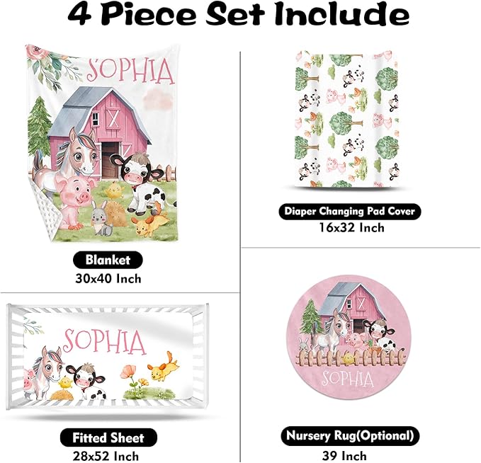 Custom Nursery Crib Bedding Set: Personalized Name 4 Piece Animal House Design Baby Crib Sets for Girls - Toddler Double Layer Blanket Set, Comfortable Crib Bed Sheets for Baby Toddlers-CubbioJoy