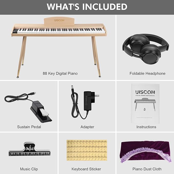 Digital Piano Keyboard for Beginners, Full Size 88 Key Semi-Weighted Keyboard Electric Piano with Stand,Power Adapter,Sheet Music Stand,Pedal,Headphone,USB-MIDI Compatible,Wood Grain Apricot-CubbioJoy