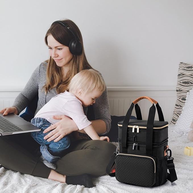 Breastmilk Cooler Bag with Ice Pack Fits 6 Baby Bottles Up to 9 Ounce, Expandable Double-Layer Leak-Proof Cooler Bag with Shoulder Strap for Nursing & Working Mom, Black-CubbioJoy