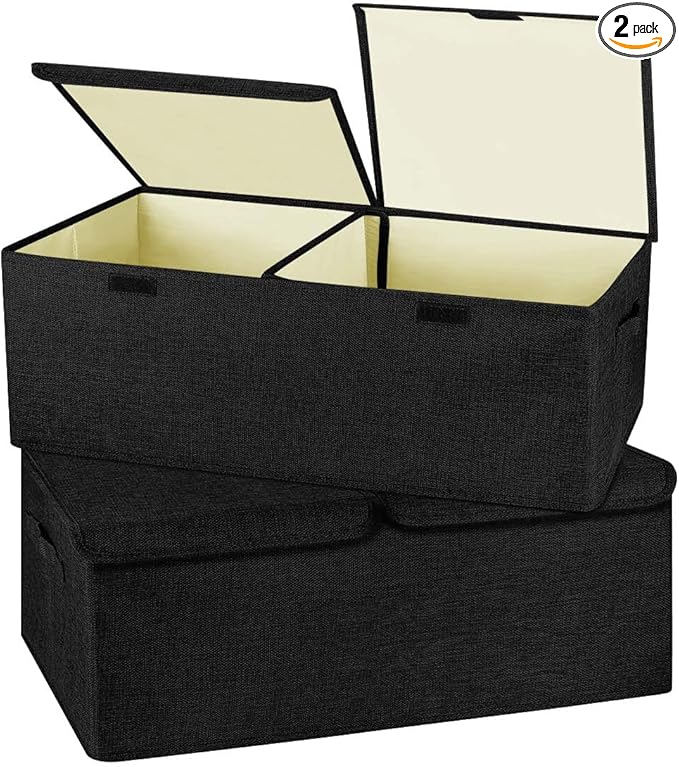 2 Pack Large Linen Fabric Collapsible Storage Bins with Lid and Handles, Washable Storage Box Baskets Cube with Removable Divider for Bedroom,Closet,Office,Living Room,Nursery (Black, Small)-CubbioJoy