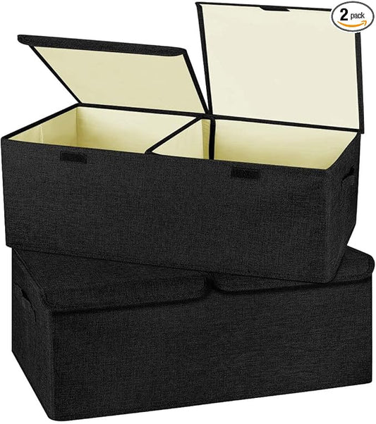 2 Pack Large Linen Fabric Collapsible Storage Bins with Lid and Handles, Washable Storage Box Baskets Cube with Removable Divider for Bedroom,Closet,Office,Living Room,Nursery (Black, Small)-CubbioJoy