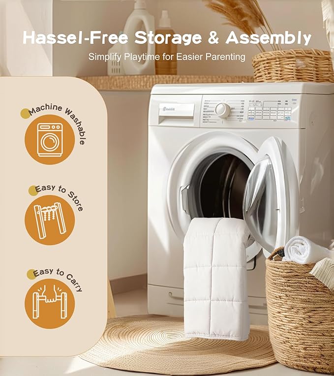 Baby Gym with Mat, Wooden Play Gym with 9 Sensory Toys, Foldable Baby Play GymFrame Activity Center, Natural Pine Wood, Montessori Toys, Easy to Assemble & Clean, Natural Color-CubbioJoy