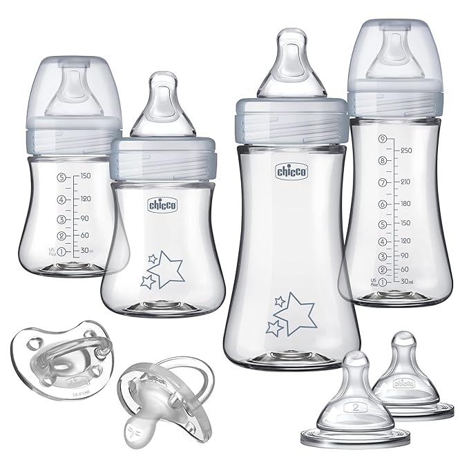 Chicco Duo Newborn Hybrid Baby Bottle Starter Gift Set with Invinci-Glass Inside and Plastic Outside | Dishwasher, Bottle Warmer, and Electric Sterilizer Safe | Intui-Latch Nipple | Clear/Grey-CubbioJoy