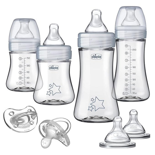 Chicco Duo Newborn Hybrid Baby Bottle Starter Gift Set with Invinci-Glass Inside and Plastic Outside | Dishwasher, Bottle Warmer, and Electric Sterilizer Safe | Intui-Latch Nipple | Clear/Grey-CubbioJoy