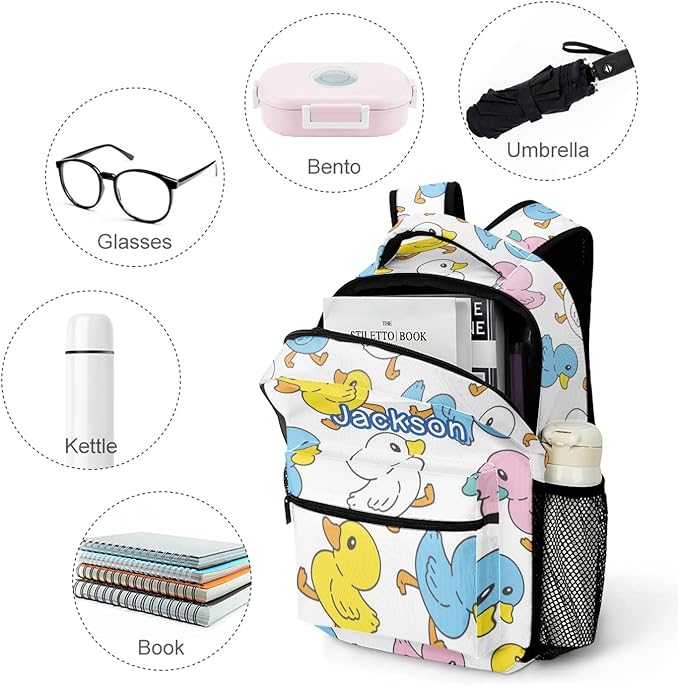 Duck Cartoon Doodle Custom Kids Backpack for Boy Girl, Personalized Waterproof Child School Travel Bag with Name, 16.5’’ X 12.2’’ X 5.9’’-CubbioJoy