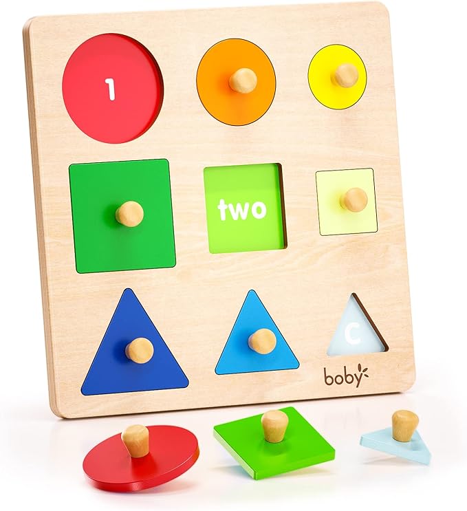 Boby Montessori Puzzles for Babies 12-18-24 Months, Wooden Jumbo Knob Peg Puzzle Shape sorter for Toddlers 1-3 Year Old, Early Learning Sensorial Toys (Shapes & Size Sorting Puzzle)-CubbioJoy