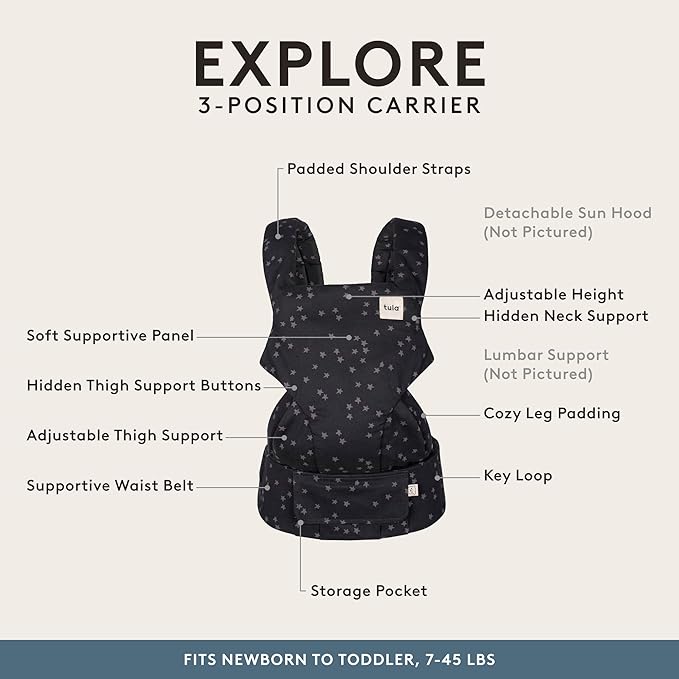 Baby Tula Explore Carriers - Breathable Baby Carrier Newborn to Toddler - Adjustable Toddler Carrier - Multiple Ergonomic Positions Front and Back - Ergonomic Fit for 7-45 lb - Cotton, Discover-CubbioJoy