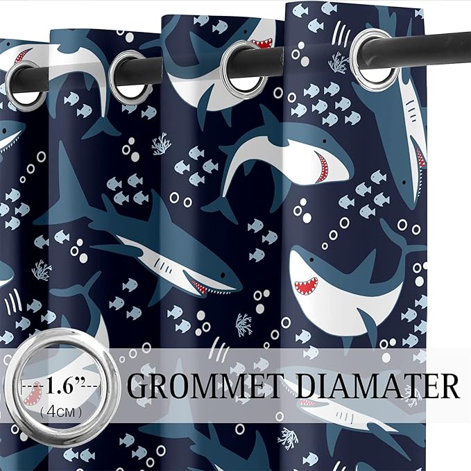 Cartoon Shark Blackout Curtain Panels Curtains Blue Curtains for Boys Bedroom Grommet Top Window Treatment 2 Panels Drapes Kids Room Decor Navy Blue Curtains 84 Inch Length, 82''x84''-CubbioJoy