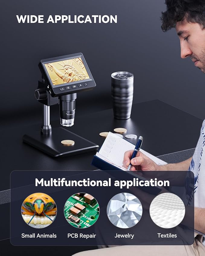 Digital Microscope, Coin Microscope with Light Adjustable Brightness 4.3" HD LCD Screen, 1000X Zoom PC View, Compatible with MacOS & Windows - Black-CubbioJoy