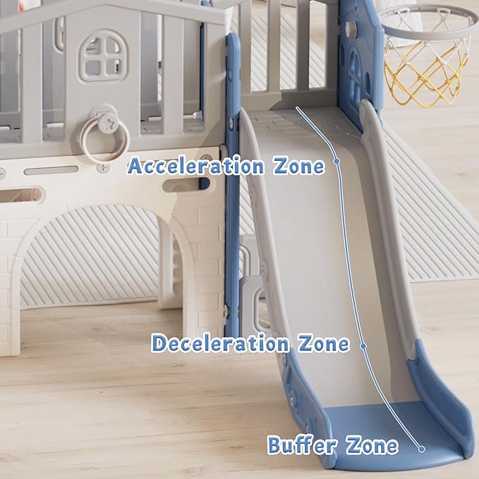 8 in 1 Toddler Slide Set, Kids Slide for Toddlers Age 1-3, Toddler Climber Slide PlaySet with Basketball Hoop and Ball, Outdoor Indoor Kids Playground for Toddlers 1-3, Blue Grey-CubbioJoy