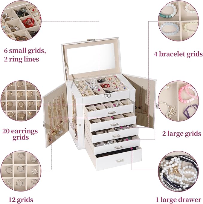 BOOVO Jewelry Box For women, 6 Layer Large Jewelry Organizer With Mirror, Multi-Function Storage Box With Lock, Accessory Holder With 5 Drawers, For Earrings Necklace Ring Bracelet (White)-CubbioJoy