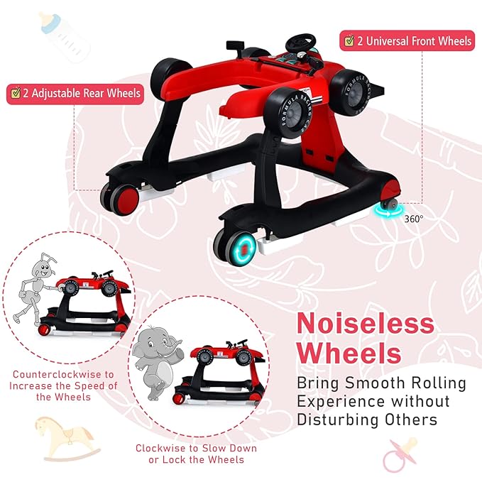BABY JOY 4-in-1 Baby Walker, Foldable Activity Walker with Adjustable Height & Speed, Music, Lights, Anti-Rollover, Toddler Push Walker, Baby Walker with Wheels for Boys Girls 6-18 Months (Red)-CubbioJoy