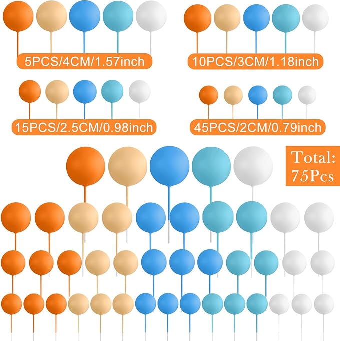 75 Pieces Cake Balls Topper Decorations Foam Cupcake Topper Mini Balloon Cake Topper Balls Cake Picks for Cake Deco Birthday Party Wedding（Orange,Yellow,Blue,White）-CubbioJoy