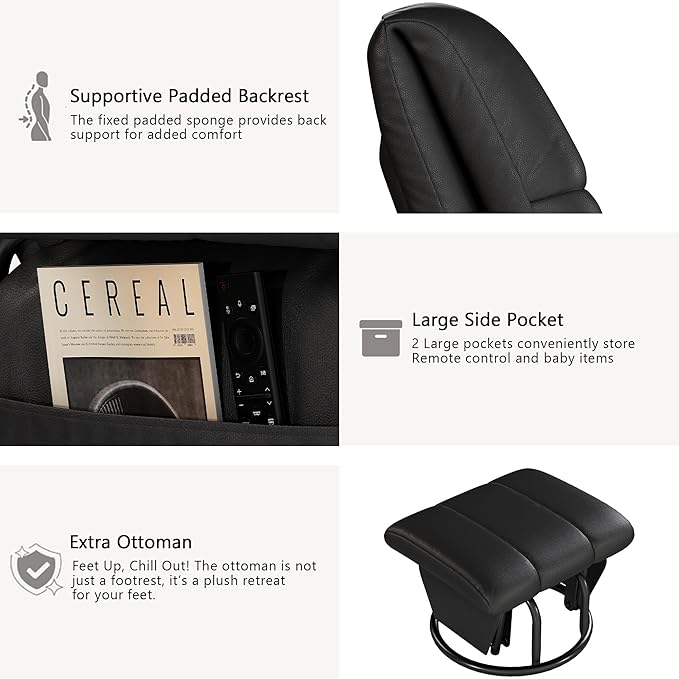 AODAILIHB Swivel Glider Recliner with Ottoman, 360 Rocking Chair with Foot Rest Recliner Chair Indoor Rocking Chair with Side Pockets Nursery Chairs for Living Room, Bedroom, Office (Black)-CubbioJoy