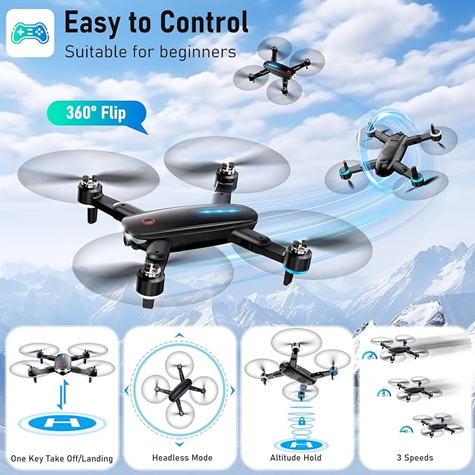 Drone with Camera, 1080P HD FPV Foldable Drone with Brushless Motor Optical Flow, One Key Take Off/Land, 360° Flip, Waypoint Fly, Gesture Selfie, 2 Batteries, Mini Drones for Kids 14+-CubbioJoy