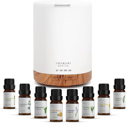 ASAKUKI Essential Oil Diffuser, Aromatherapy Cool Mist Home Humidifier with 7 LED Color Changing Light and Auto-Off Safety Switch, 8 Essential Oils Set, 300ml (Brown with Oils)-CubbioJoy