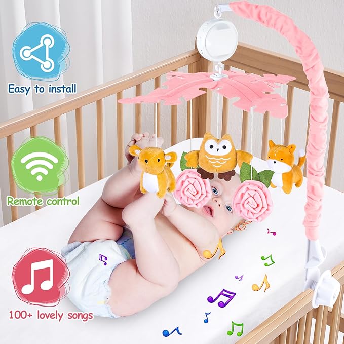 Baby Crib Mobile with Music and Lights, Mobile for Crib with Remote Control, Rotation, Starlight Projection, Crib Toys for Babies Boys Girls(Pink)-CubbioJoy
