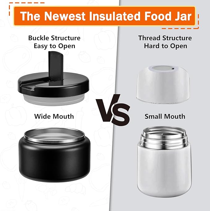 13.5oz Kids Jar for Hot Food, Insulated Vacuum Food Jar with Buckle Lid, Stainless Steel Wide Mouth Leak Proof Insulated Lunch Container for School Picnic Travel, Black-CubbioJoy