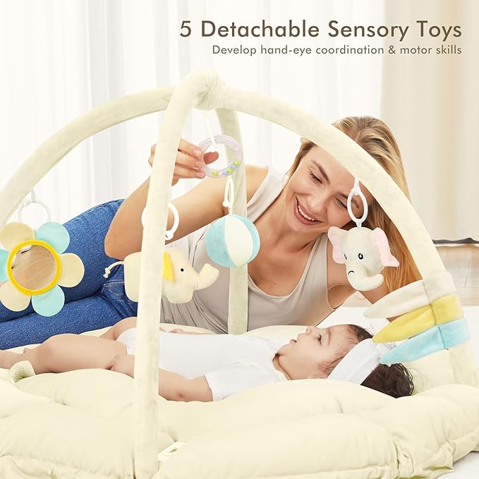 ANGELBLISS 5 in 1 Baby Play Gym Mat, Reversible Tummy Time Mat with 5 Sensory Toys for Stage-Based Developmental, Thick & Large Baby Activity Center from Newborn to Toddler (Beige)-CubbioJoy