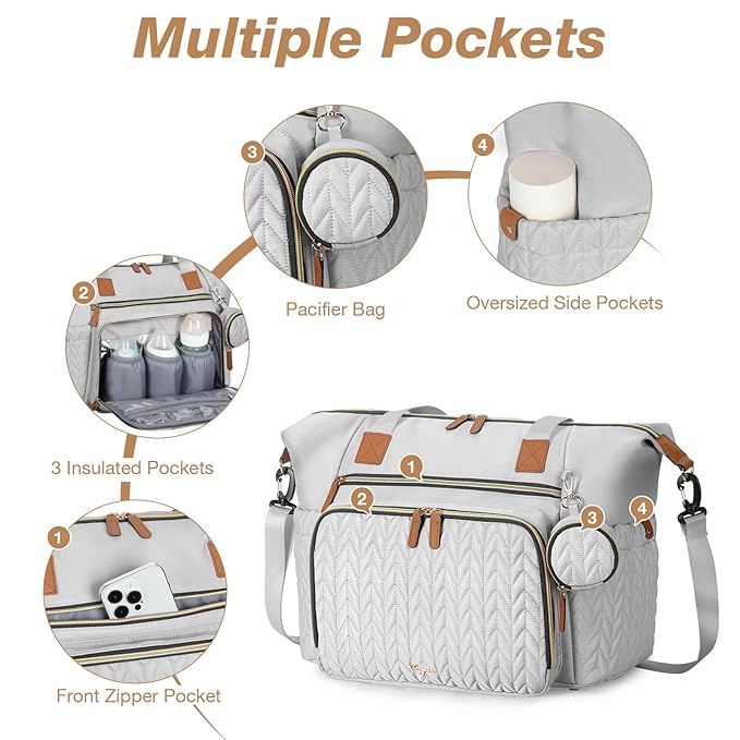 Diaper Bag Tote, Large Diaper Bags Waterproof, Hospital Bag for Labor Delivery, Baby Bag with Pacifier Case, Travel Diaper Tote with Changing Pad, Grey-CubbioJoy