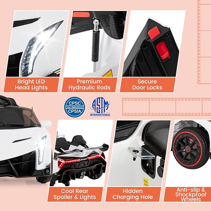 Costzon Ride on Car, Lamborghini Licensed 12V Battery Powered 4WD Sports Car with Remote Control, 3 Speeds, Hydraulic Doors, LED Lights, Towing Wheel, Horn, Music, Electric Vehicle for Kids Aged 3-8-CubbioJoy