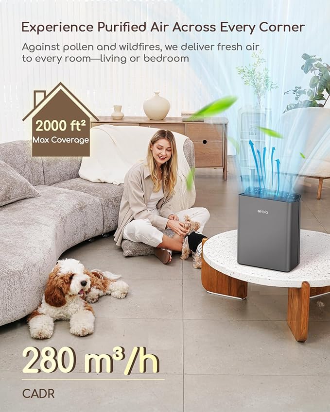 Afloia Air Purifier for Home Large Room Bedroom Up to 2000Ft² with PM2.5 Air Quality Monitor Smart Auto Mode, Washable Pre Filter Cleaner for Pet, Grey-CubbioJoy