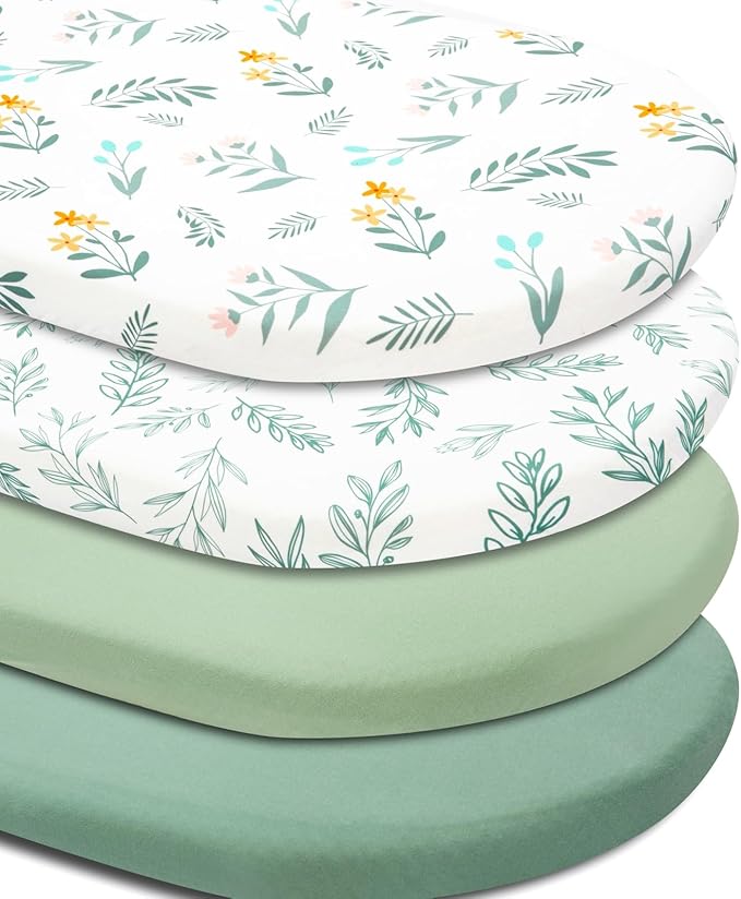 4 Pack Sage Green Fitted Nursery Sheets Breathable Neutral Unisex Baby Sheets for Boys or Girls with Leaf and Flower Design (Bassinet)-CubbioJoy