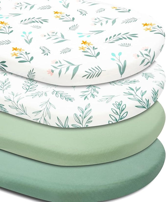 4 Pack Sage Green Fitted Nursery Sheets Breathable Neutral Unisex Baby Sheets for Boys or Girls with Leaf and Flower Design (Bassinet)-CubbioJoy