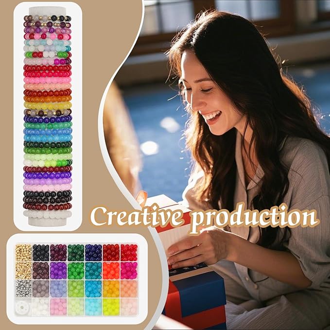 JULIMAIDONG 8mm Glass Beads for Bracelets 1000pcs, 24 Colors Round Crystal Glass Bracelet Beads Making Kit for Jewelry Making Kits Bead DIY Crafts with Spacer Charms Accessories (8MM, 24 Color)-CubbioJoy