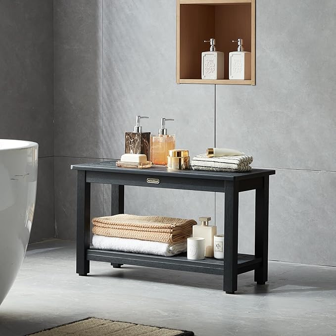 30'' Waterproof Shower Stool, Poly Lumber Shower Bench Seat for Shaving Legs, HDPS Plastic Bath Chair Seat, Non-Slip & No Maintenance, Black, Weight Capacity 700LBS (30 x 13 Inches)-CubbioJoy