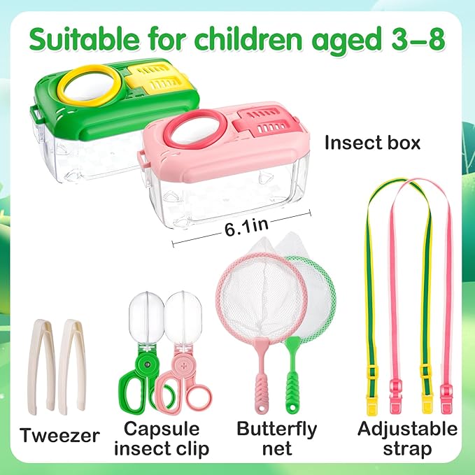2Sets Bug Catcher for Kids - Sturdy Kids Bug Catching Kit Gifts with Collector Butterfly Net Tweezer, Bugs Habitat Outdoor Explorer Kit for Age 3 4 5 6 7 8, 8Pcs, Green & Pink-CubbioJoy