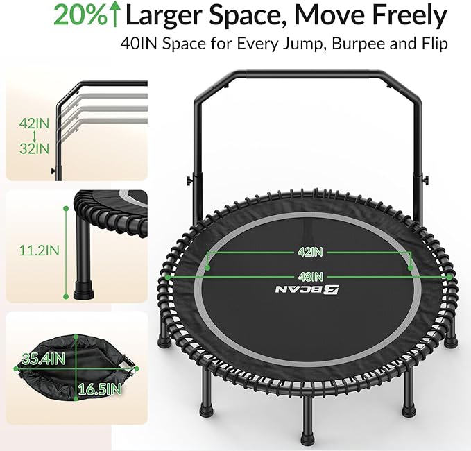 BCAN 40"/48" Mini Rebounder Trampoline for Adults with Bar, 450/550LBS Fitness Trampoline with Bungees, Adjustable Handle, Stable & Quiet, Indoor Outdoor, Whole-Body Workout & Relaxation at Home-CubbioJoy