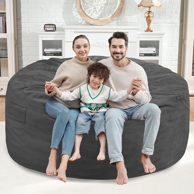 5FT Bean Bag Chair, Large Bean Bag Chairs with Memory Foam Filled, Fluffy Beanbag Sofa with Dutch Velvet Cover, Round BeanBag Chairs for Living Room, Playroom - Grey-CubbioJoy