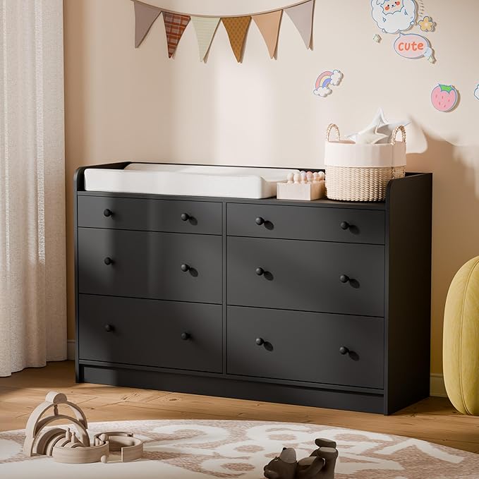 Cozy Castle Baby Dresser with 6 Drawers and Large Table Top, Multi-Functional Chest of Drawer, Drawer Dresser with Three-Sided High Rails for Nursery, Children's Room, Bedroom, Black-CubbioJoy