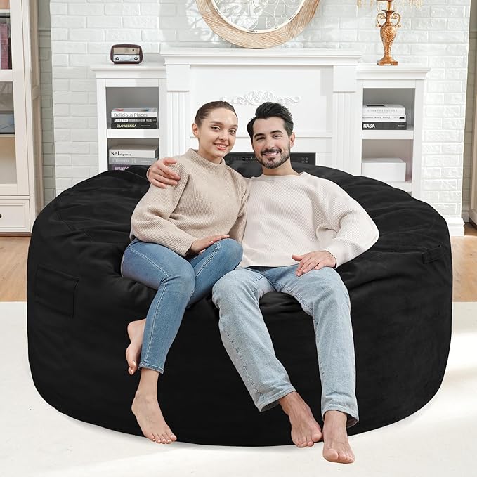 4FT Bean Bag Chair, Large Bean Bag Chairs with Memory Foam Filled, Fluffy Beanbag Sofa with Dutch Velvet Cover, Round BeanBag Chairs for Living Room, Playroom - Black-CubbioJoy