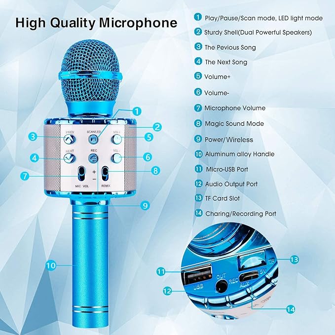 BlueFire 4 in 1 Karaoke Wireless Microphone with LED Lights, Portable Microphone for Kids, Great Toys for Kids, Girls, Boys and Adults (Blue)-CubbioJoy