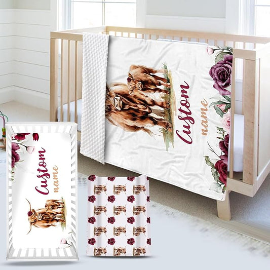 Custom Name Crib Bedding Set - Highland Cow Theme, Personalized Rose Floral Nursery Bedding 3-Piece Set– Soft Blanket, Fitted Sheet, Changing Pad Cover – for Newborns Girls Nursery Gifts-CubbioJoy